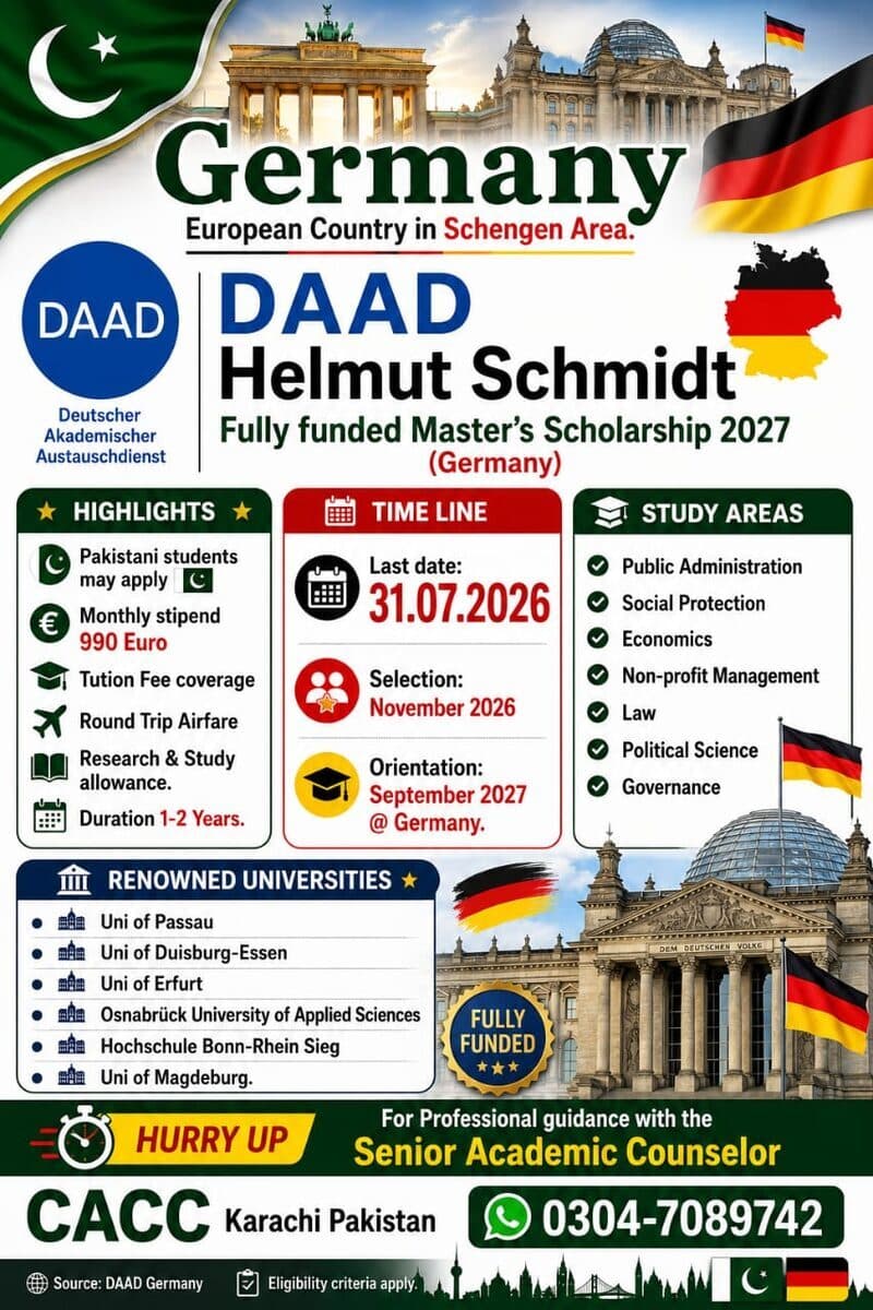 DAAD Helmut Schmidt fully funded Master's Scholarship 2027 in Germany, covering tuition, monthly stipend and return airfare, in public administration, economics, law and governance