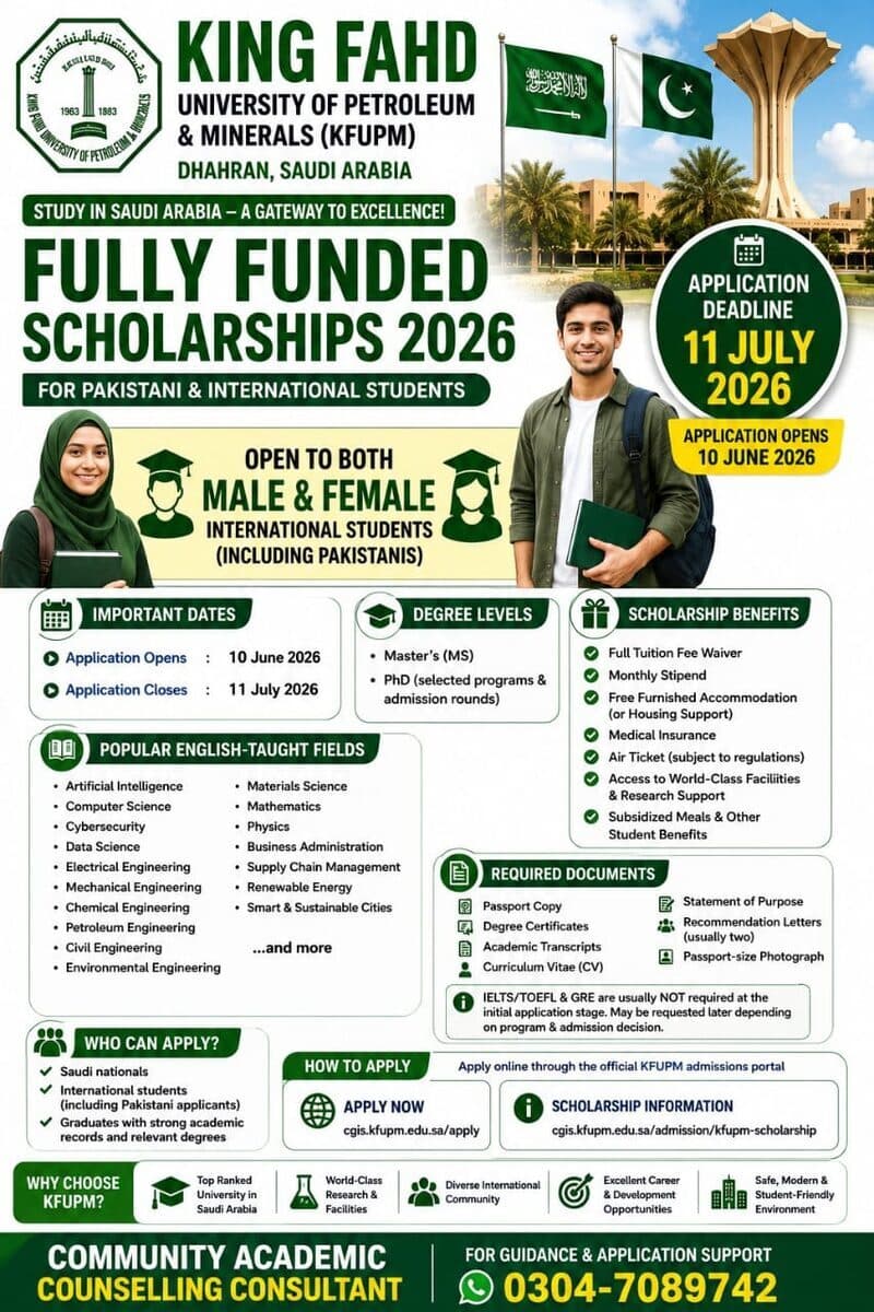 King Fahd University of Petroleum and Minerals fully funded scholarships 2026 in Dhahran, Saudi Arabia, for Master's and PhD study across engineering, computing and sciences