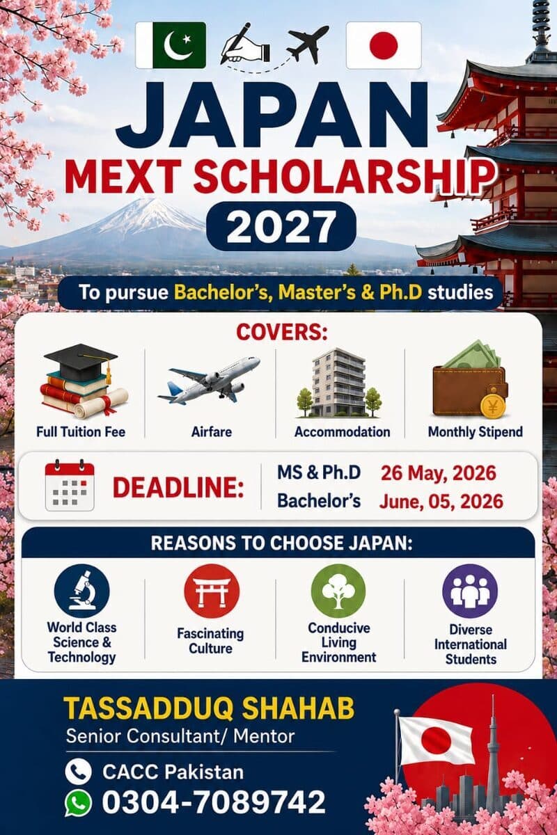 Japan MEXT Scholarship 2027 for Bachelor's, Master's and PhD study, covering full tuition, airfare, accommodation and a monthly stipend